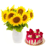 Arrangement of sunflowers with modern cake