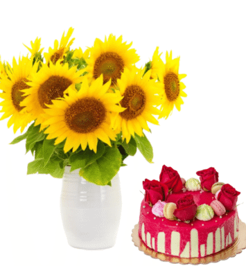 Arrangement of sunflowers with modern cake