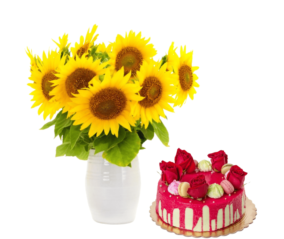 Arrangement of sunflowers with modern cake