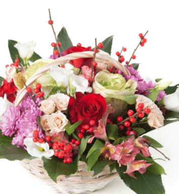 Basket of Mixed Flowers in Red, White and Purple TonesItalian Flora presents the Basket of Mixed Flowers in Red, White and Purple Tones—a vibrant and elegant floral arrangement designed to elevate any occasion with style and charm. This basket features a harmonious blend of fresh seasonal flowers in captivating shades of red, white, and purple, beautifully arranged with decorative greenery.  Each color brings its own meaning: red conveys love and passion, white represents purity and sincerity, while purple adds a touch of refinement and admiration. Together, they create a balanced composition perfect for celebrations, special events, or simply to bring joy to someone’s day.  Why Choose the Basket of Mixed Flowers in Red, White and Purple?  Handcrafted with fresh seasonal blooms in elegant tones Arranged in a stylish basket with rich decorative foliage Perfect for birthdays, anniversaries, receptions, or thank-you gifts Symbolizes a mix of love, grace, and admiration Prepared by expert local florists and delivered fresh worldwide This arrangement is ideal for:  Celebrating a joyful occasion with elegance Sending warm wishes or congratulations Adding a vibrant centerpiece to any special event Haring beauty and emotions with those near or far A Colorful and Memorable Floral Gift