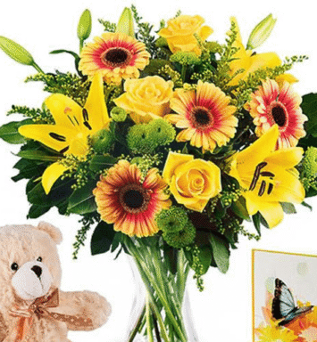 Yellow flowers bouquet with teddy bear and card