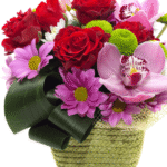 Basket of Red Roses and Purple Flowers