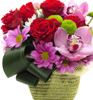 Basket of Red Roses and Purple Flowers