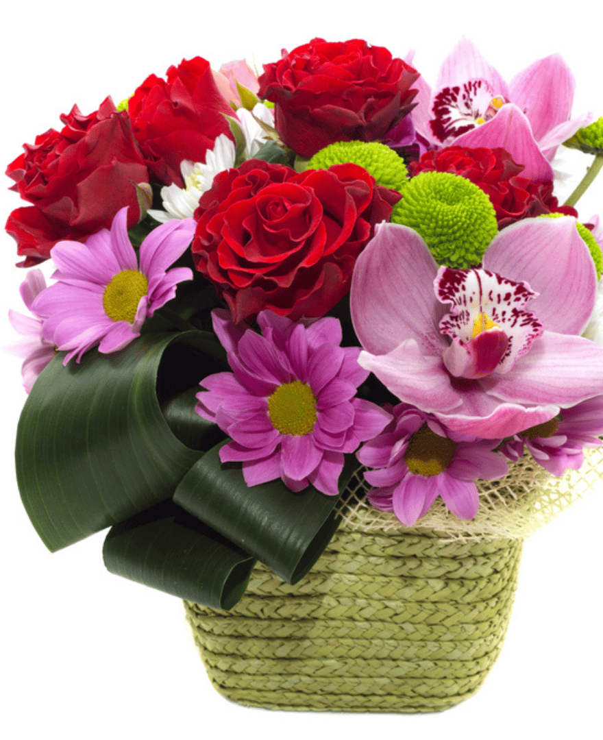Basket of Red Roses and Purple Flowers