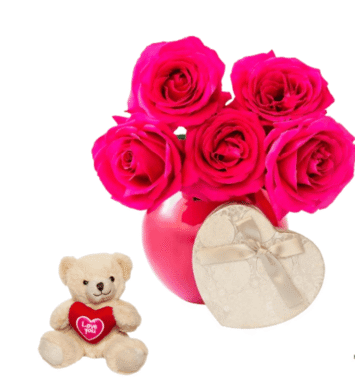 Bouquet of hot pink roses with chocolates and romantic teddy