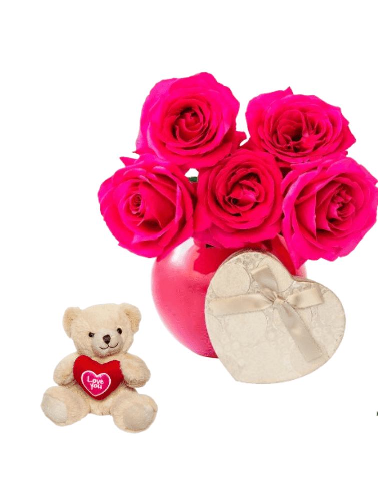 Bouquet of hot pink roses with chocolates and romantic teddy